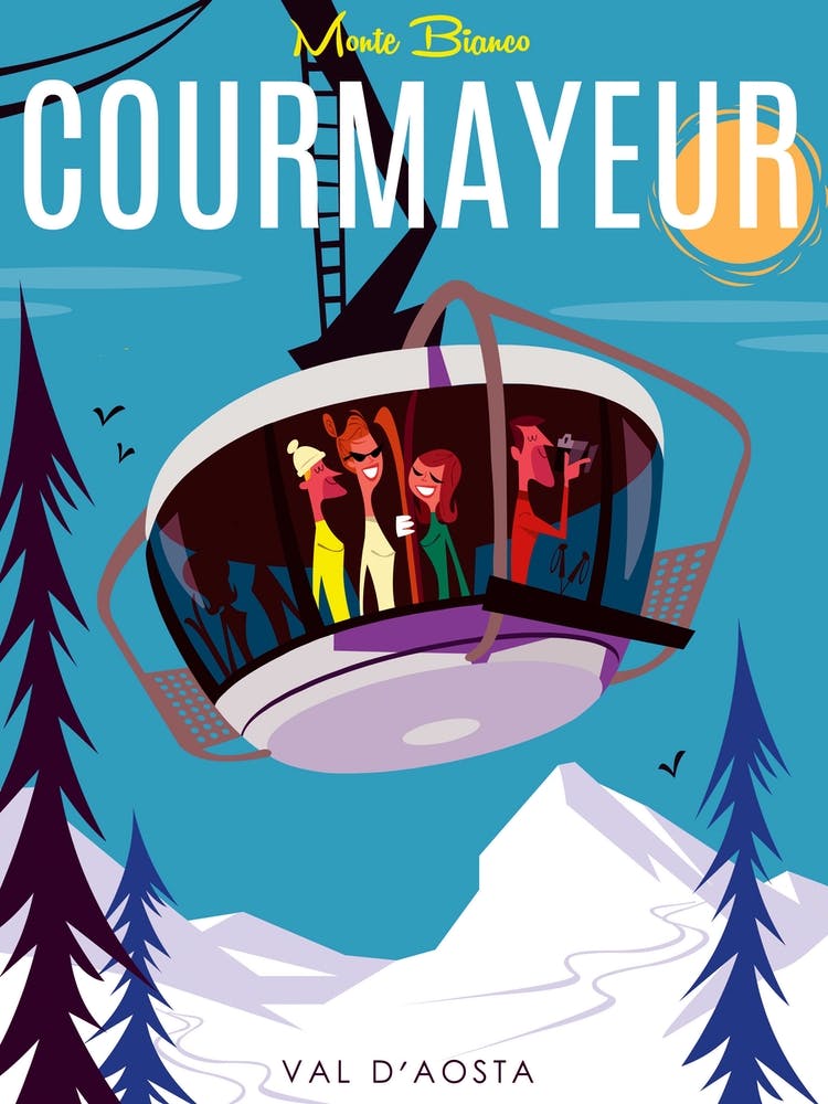 Courmayeur Ski Poster  Teal & White