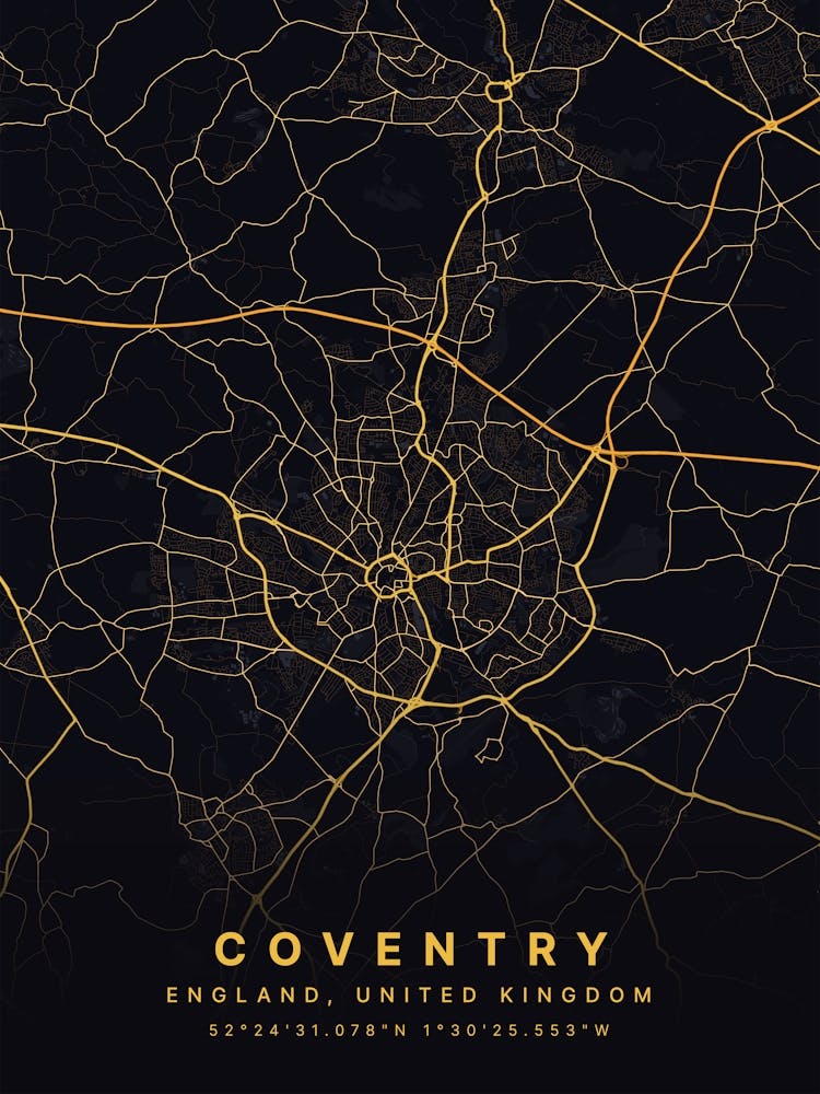 Coventry England Black And Gold Map