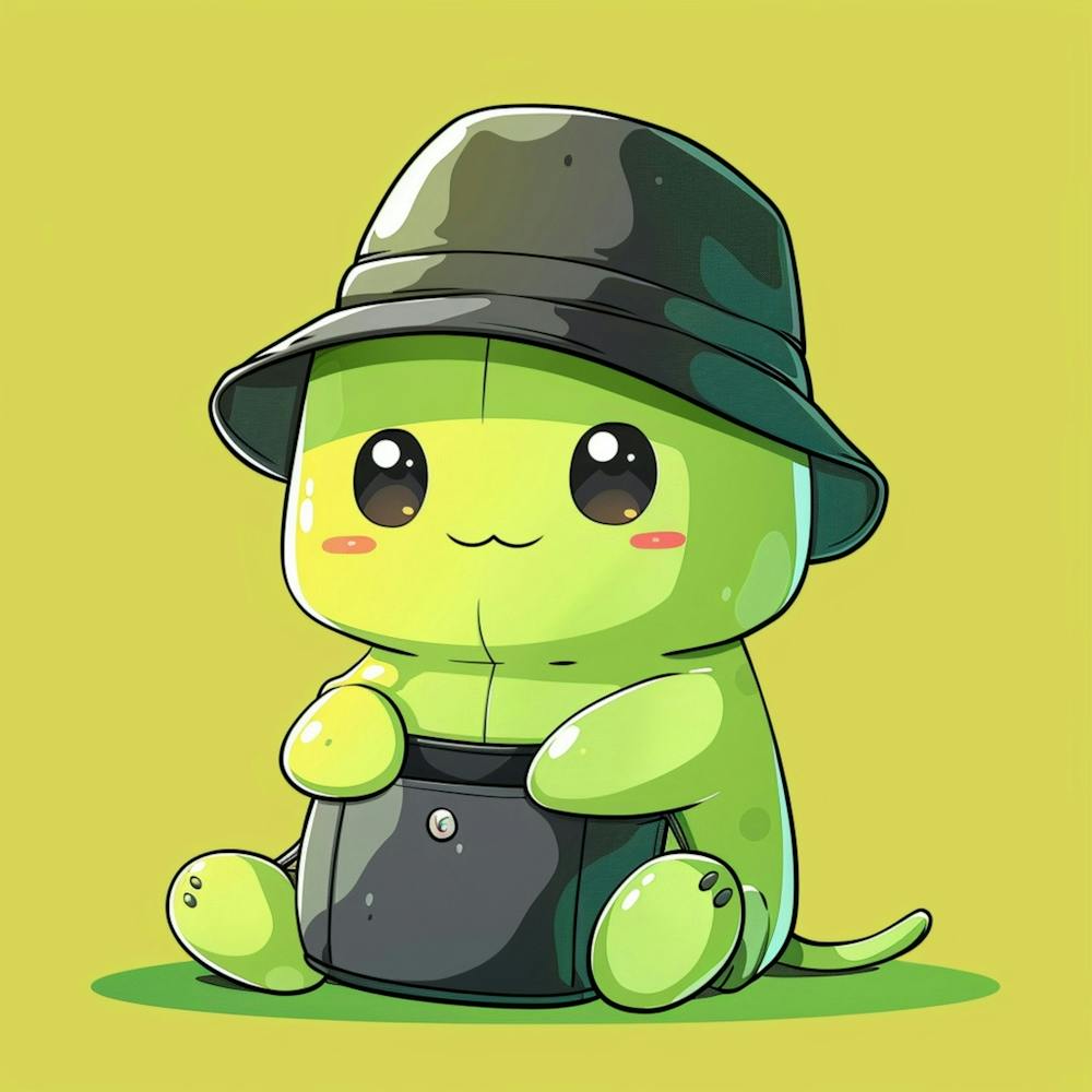 A Little Green Colored Bean Character, Wearing A Black Bucket Hat, Cute, 90 S Anime Style