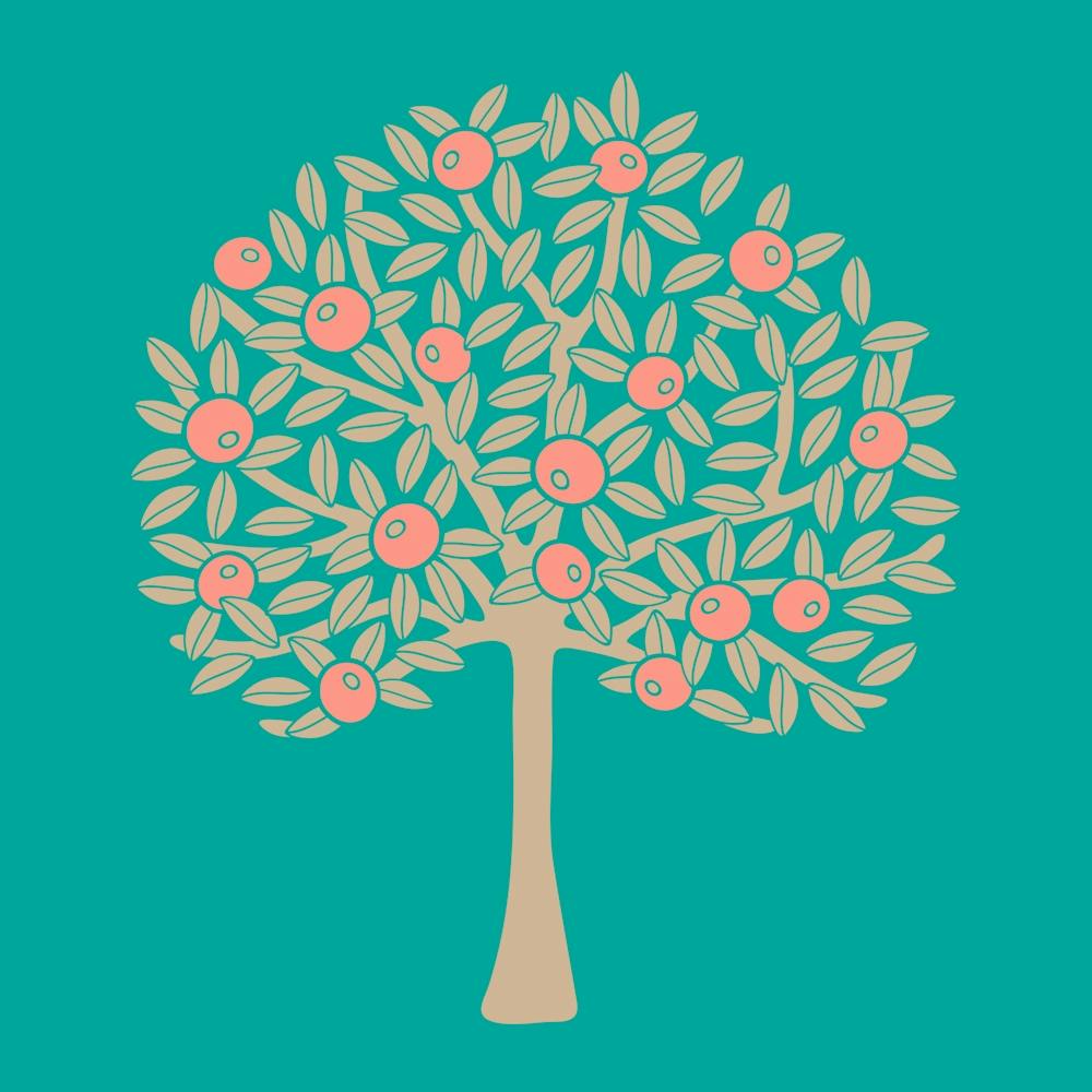 ORANGERIE Tropical Citrus Fruit Tree Botanical in Vintage 1970s Beige Sand and Bright Blush Orange on Turquoise