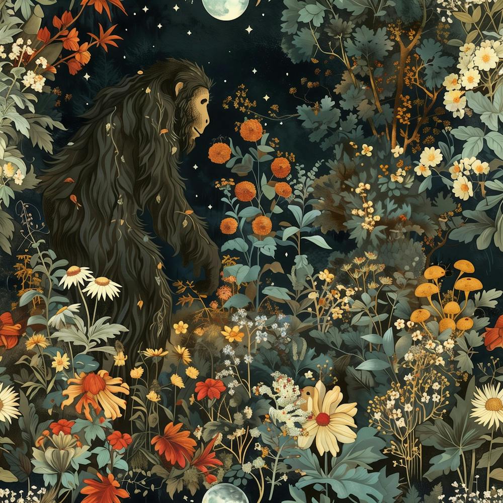 Cute Boho Bigfoot Cryptid in a Magical Enchanted Nighttime Forest