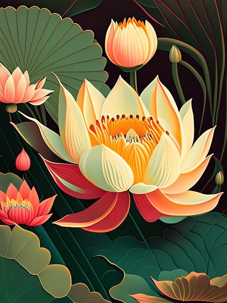 Lotus Flower In Garden Retro Illustration 2