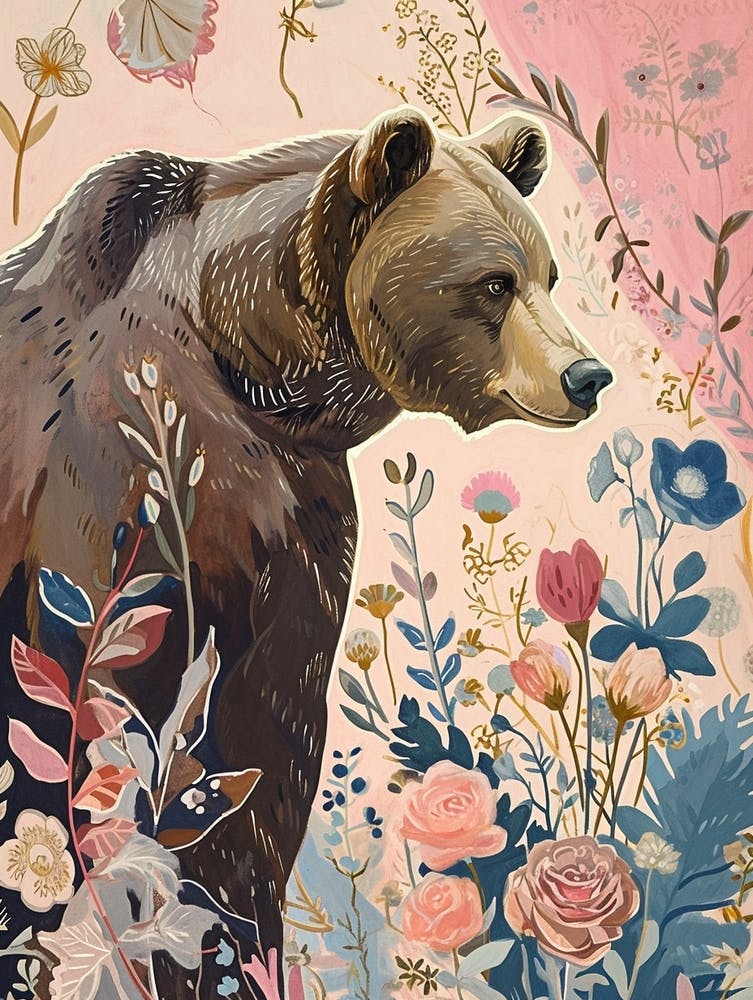 Floral Animal Painting Grizzly Bear 1