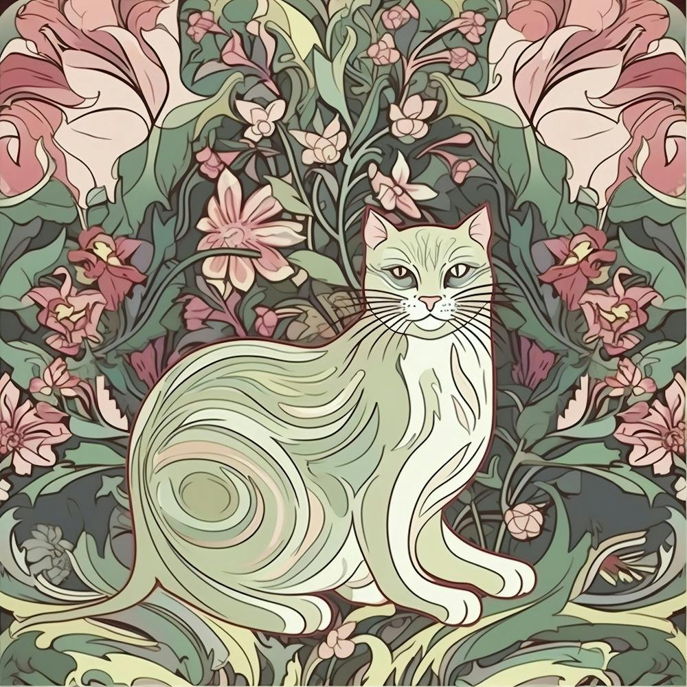 William Morris Classic  Inspired  Cats In Sage And Pink Square