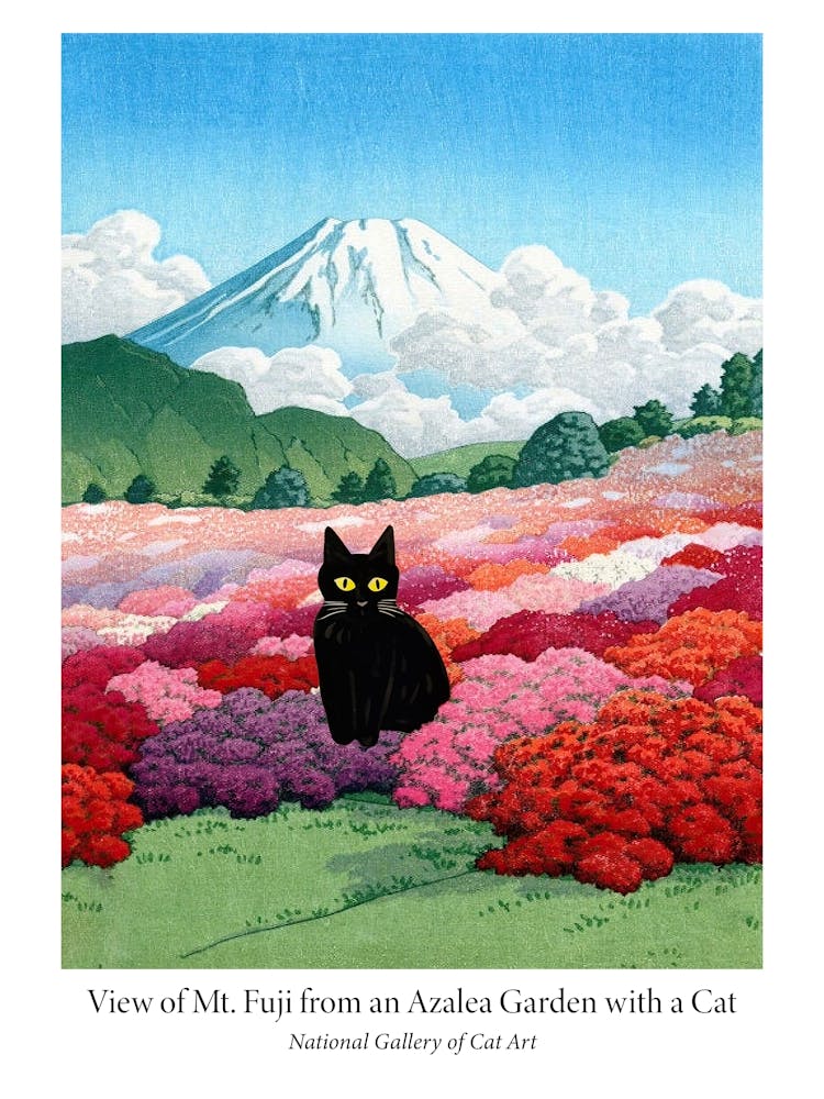 View Of Mount Fuji From An Azalea Garden With A Cat Museum Poster