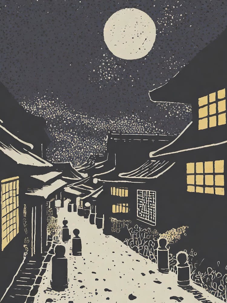 A Night Scene Of Lantern Lit Streets In Gion District Ukiyo-E style