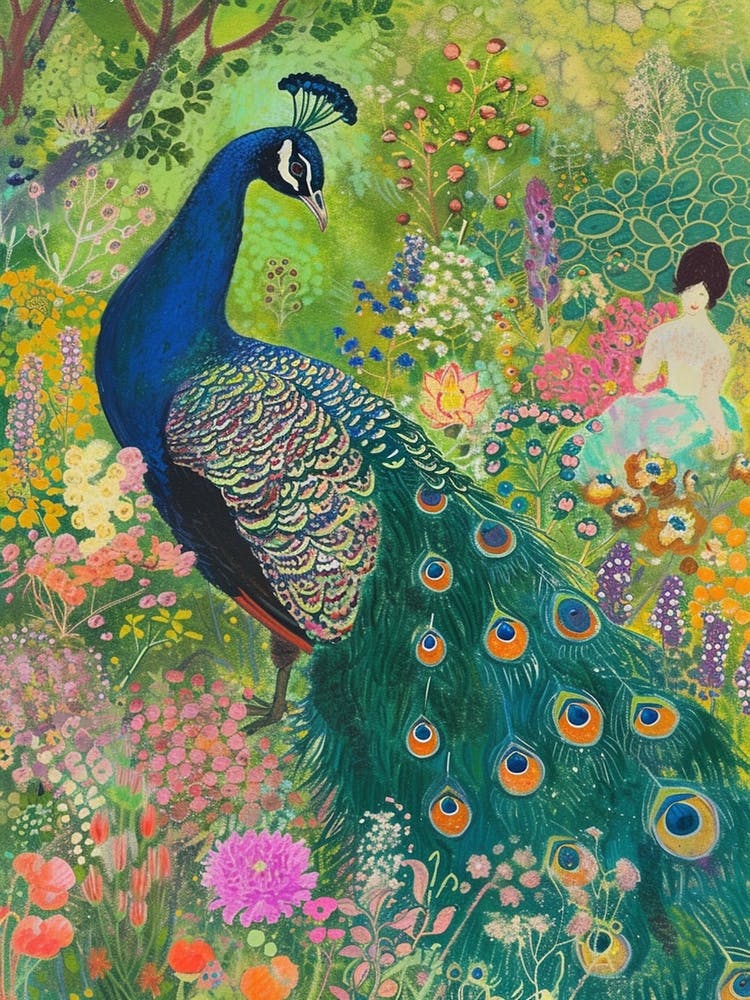 Peacock & Woman In The Meadow Sketch