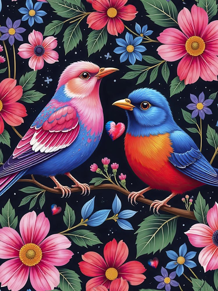 Tropical birds and flowers and love - St. Valentines Day colorful poster 1
