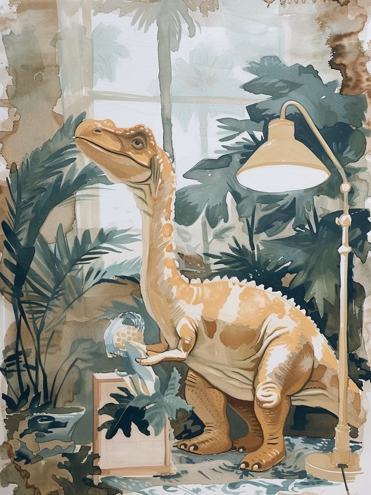 Dinosaur Cleaning The House Beige