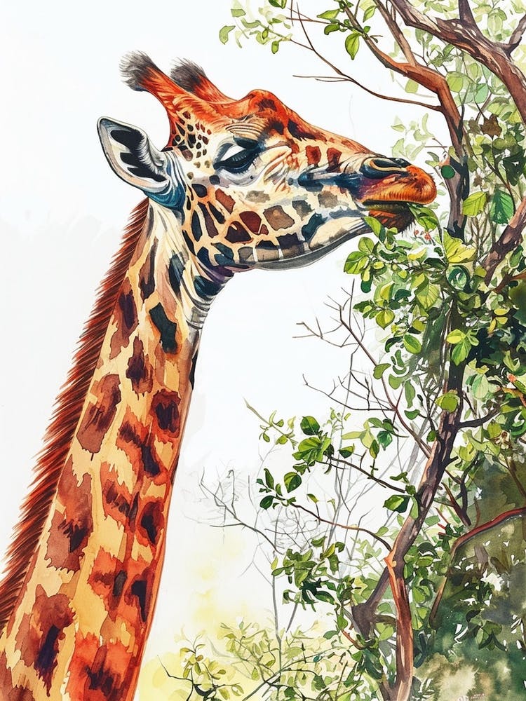 Giraffe Eating Leaves Watercolour 2