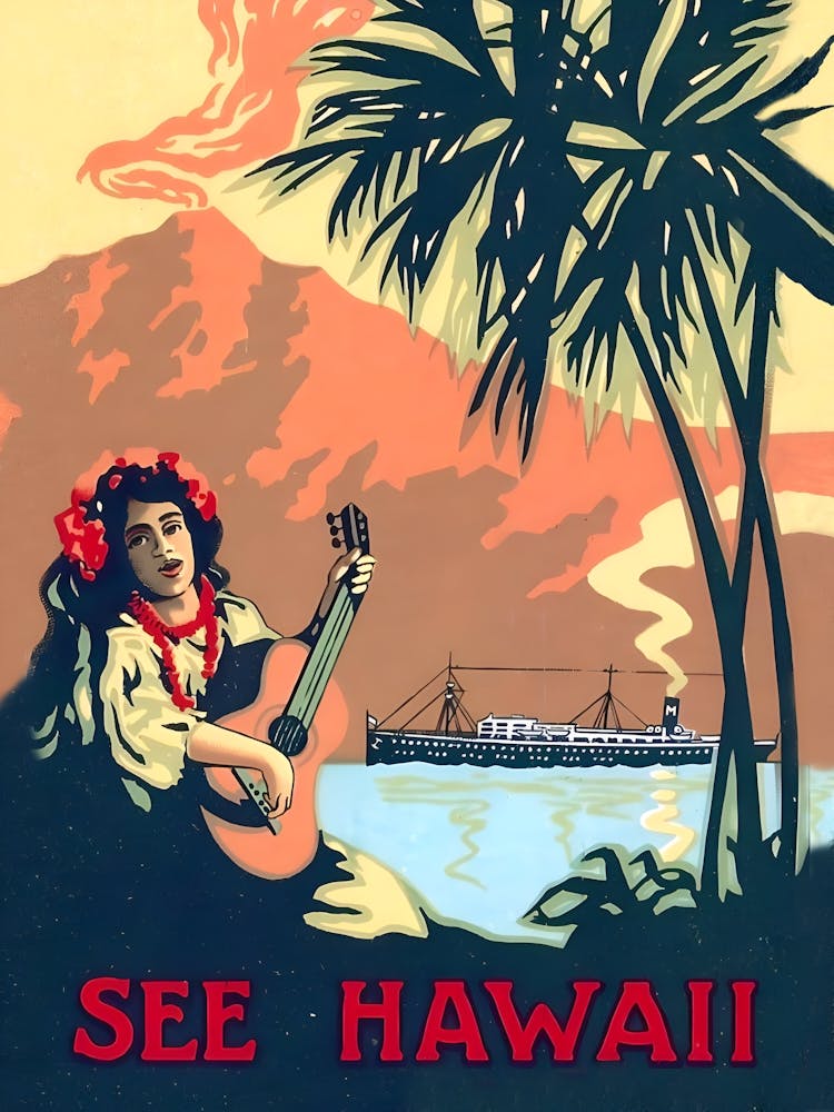 See Hawaii, Hula Girl on the Coast, Vintage Travel Poster
