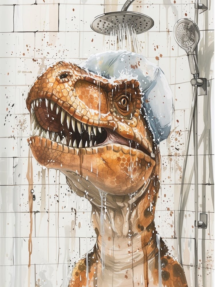 Dinosaur Taking A Shower In A Shower Cap Dripping Paint