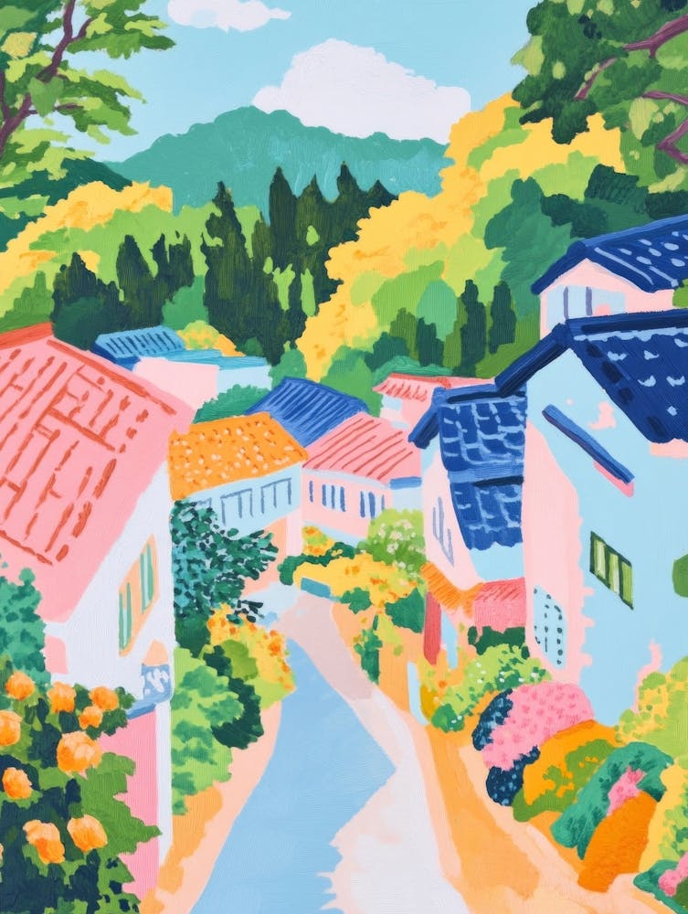 Summer in Village Gouache Painting