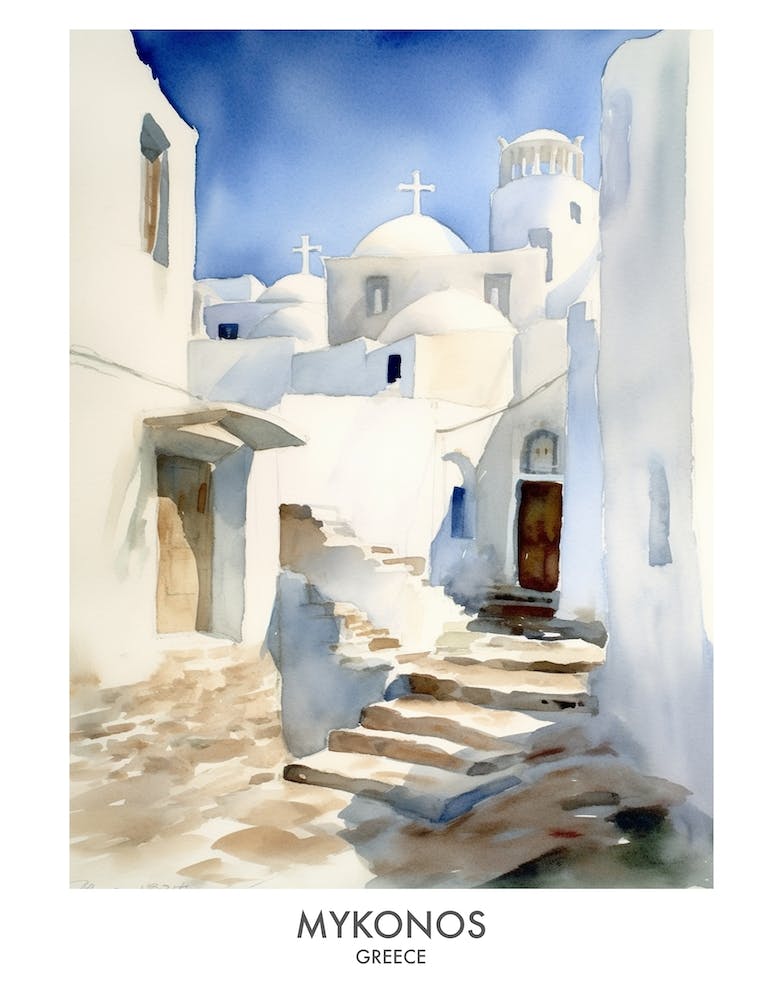 Mykonos Greece Watercolour Travel Poster 1