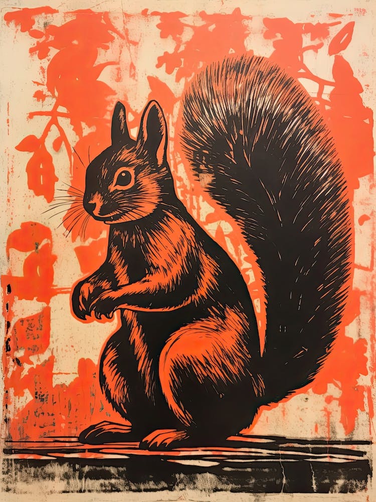 Squirrel, Woodblock Animal Drawing 1