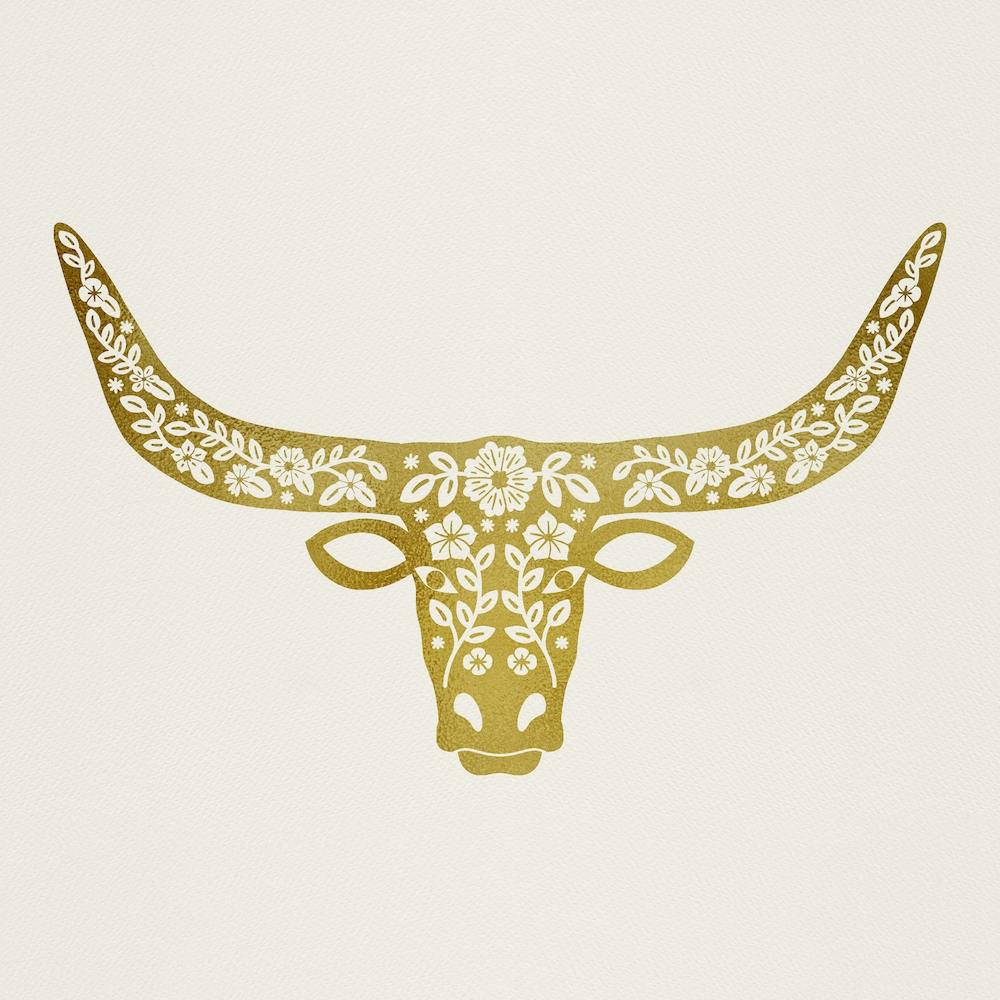 Floral Longhorn   Metallic Gold Silhouette Square