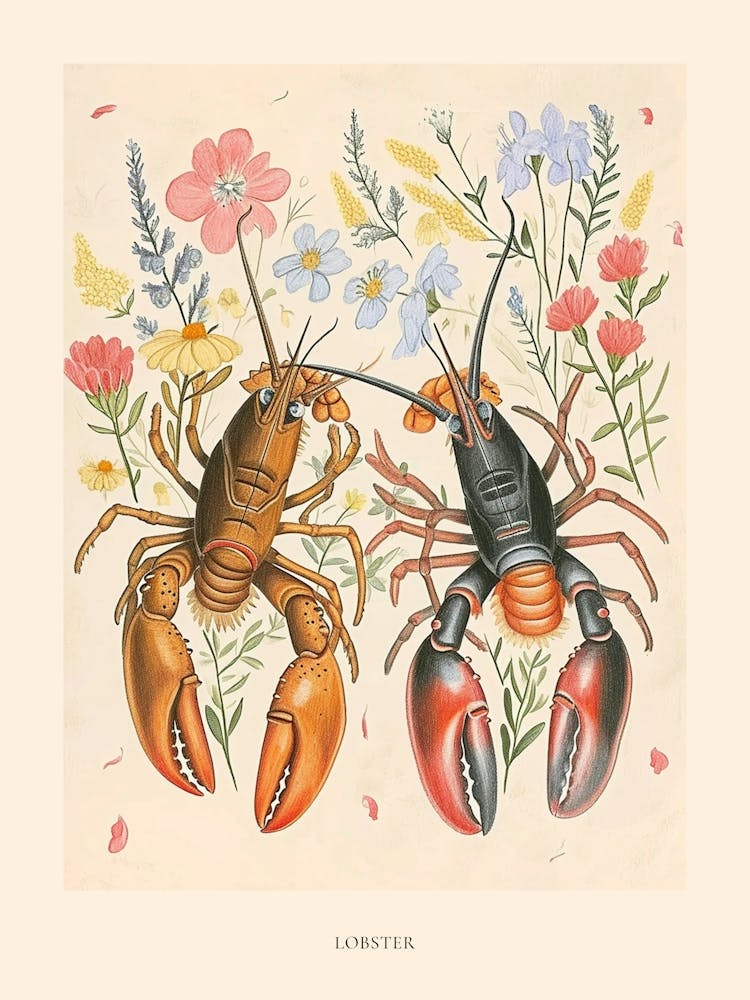 Folksy Floral Animal Drawing Lobster Poster