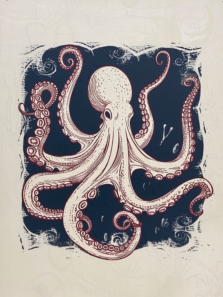 Red Octopus In The Ocean Linocut Inspired  3