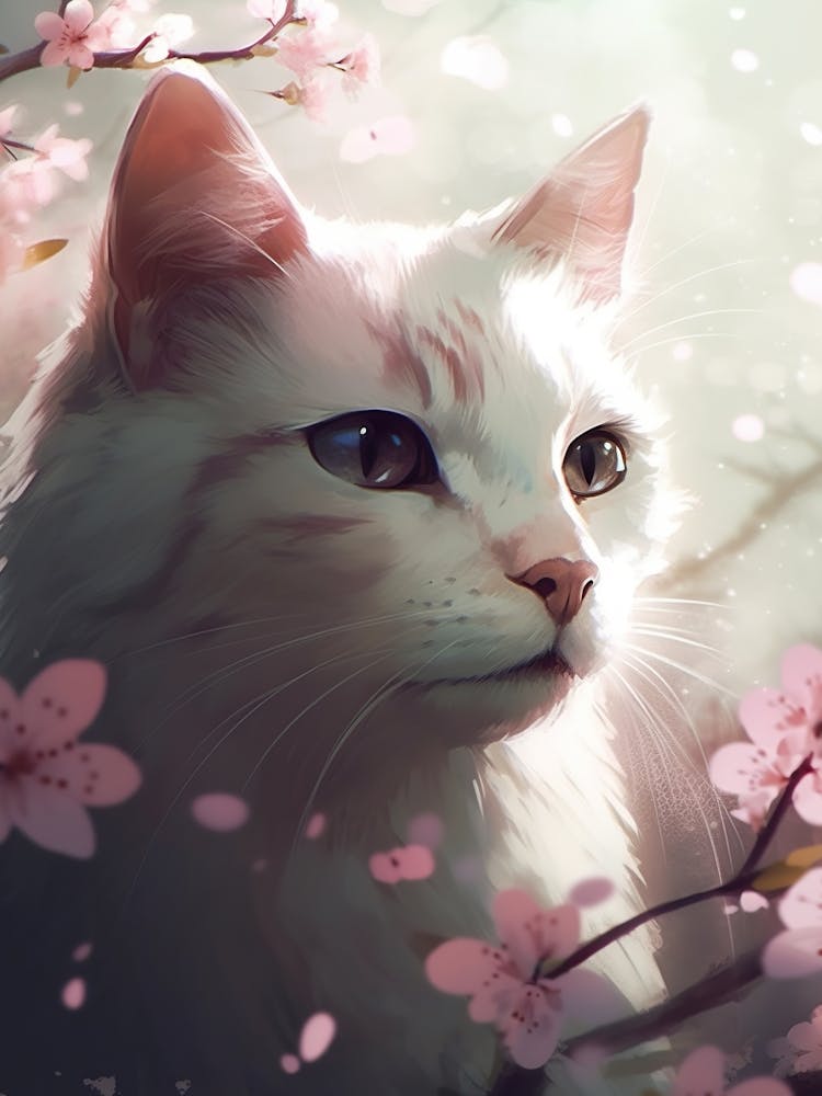 White Cat In Cherry Blossoms