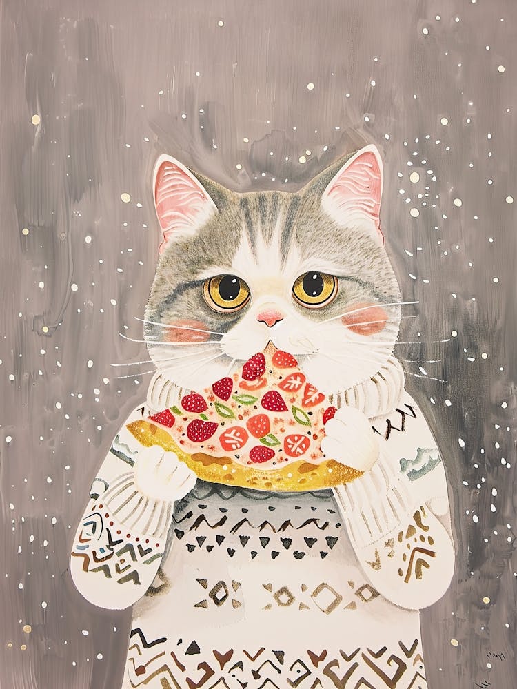 Happy Grey And White Cat Pizza Lover Folk Illustration 2