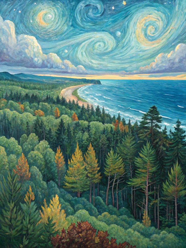 Northern Lights A Surrealist Oil Painting In The Style Of Van Gogh