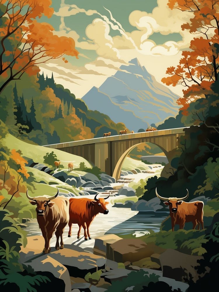 Animated Highland Cows By A Bridge & River