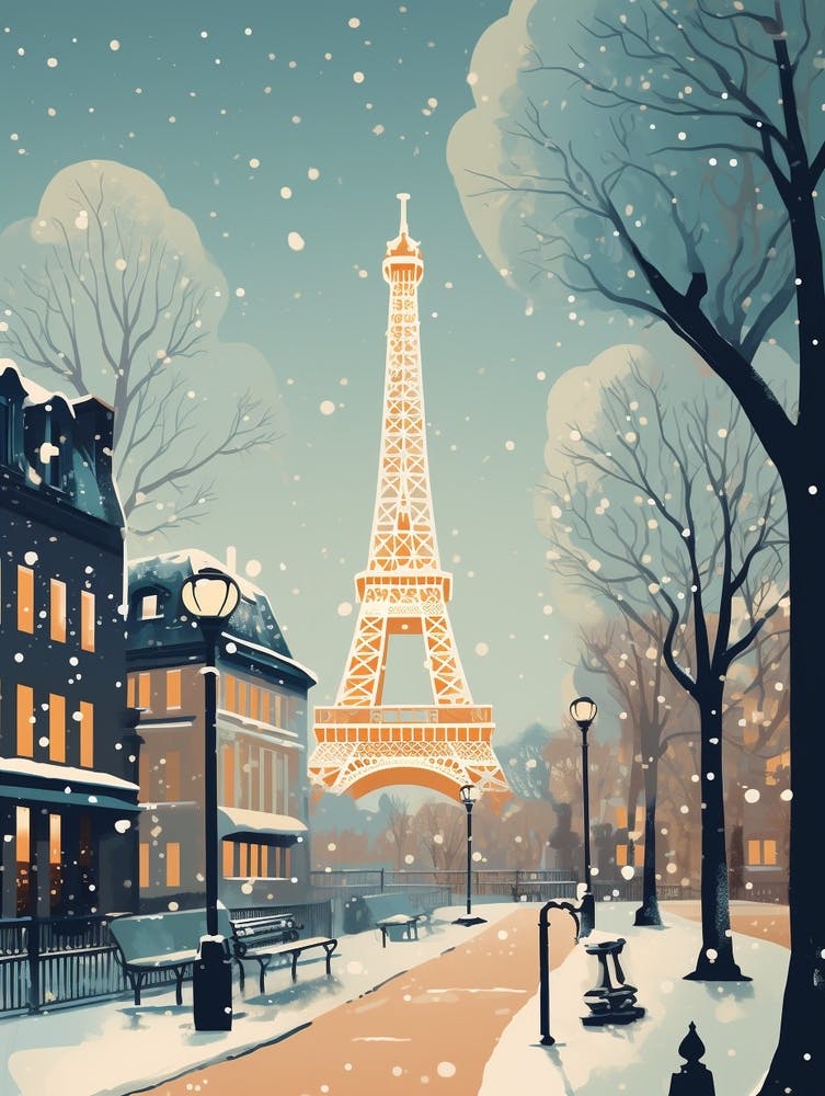 Winter Travel Night Illustration Paris France 4