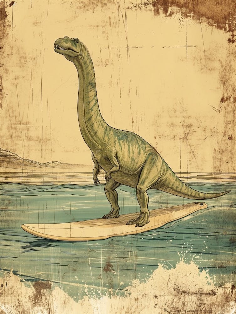 Vintage Dinosaur On A Surf Board 2