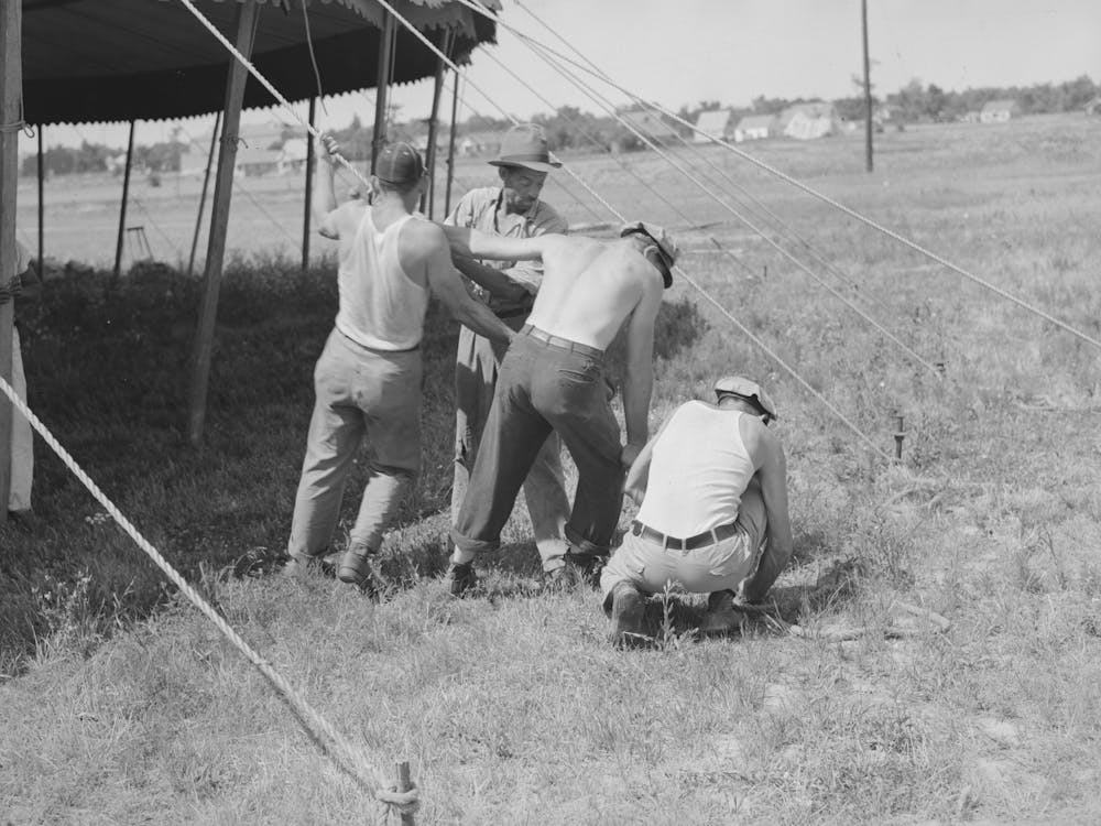 Pulling Ropes For Attachment To Stakes,Lasses White Show, Sikeston, Missouri By Russell Lee