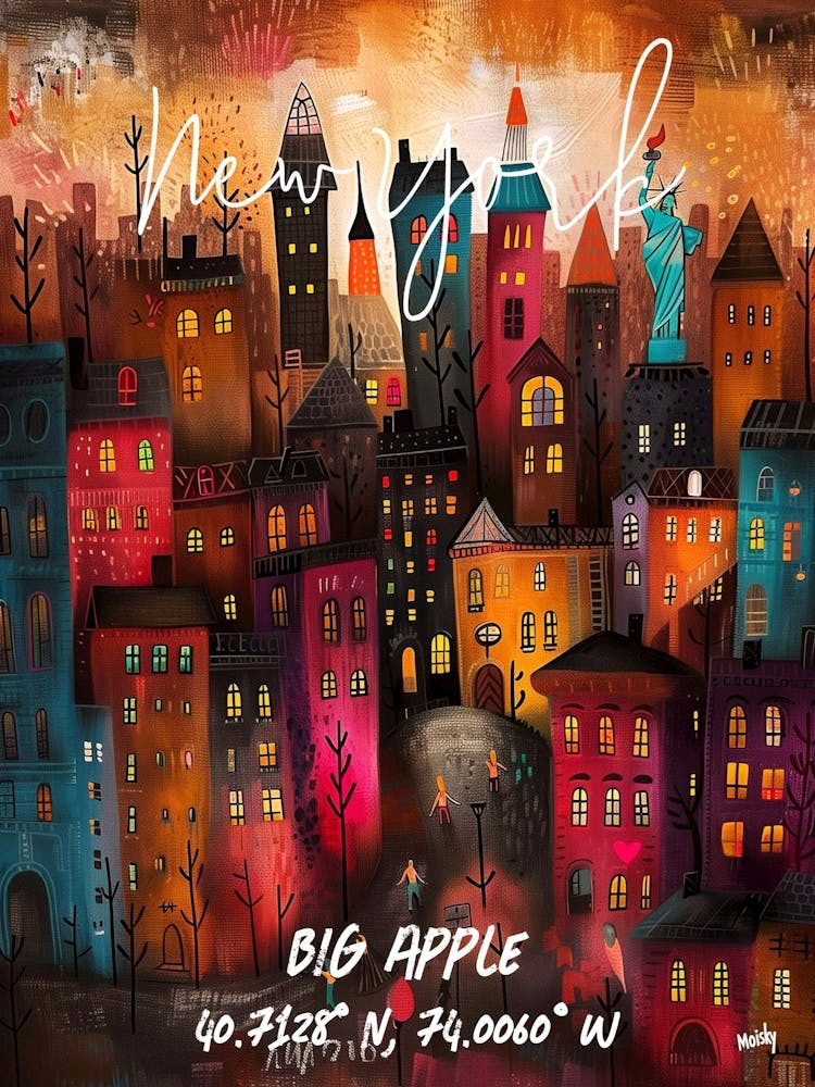 New York, Big Apple, folk naive and whimsical poster