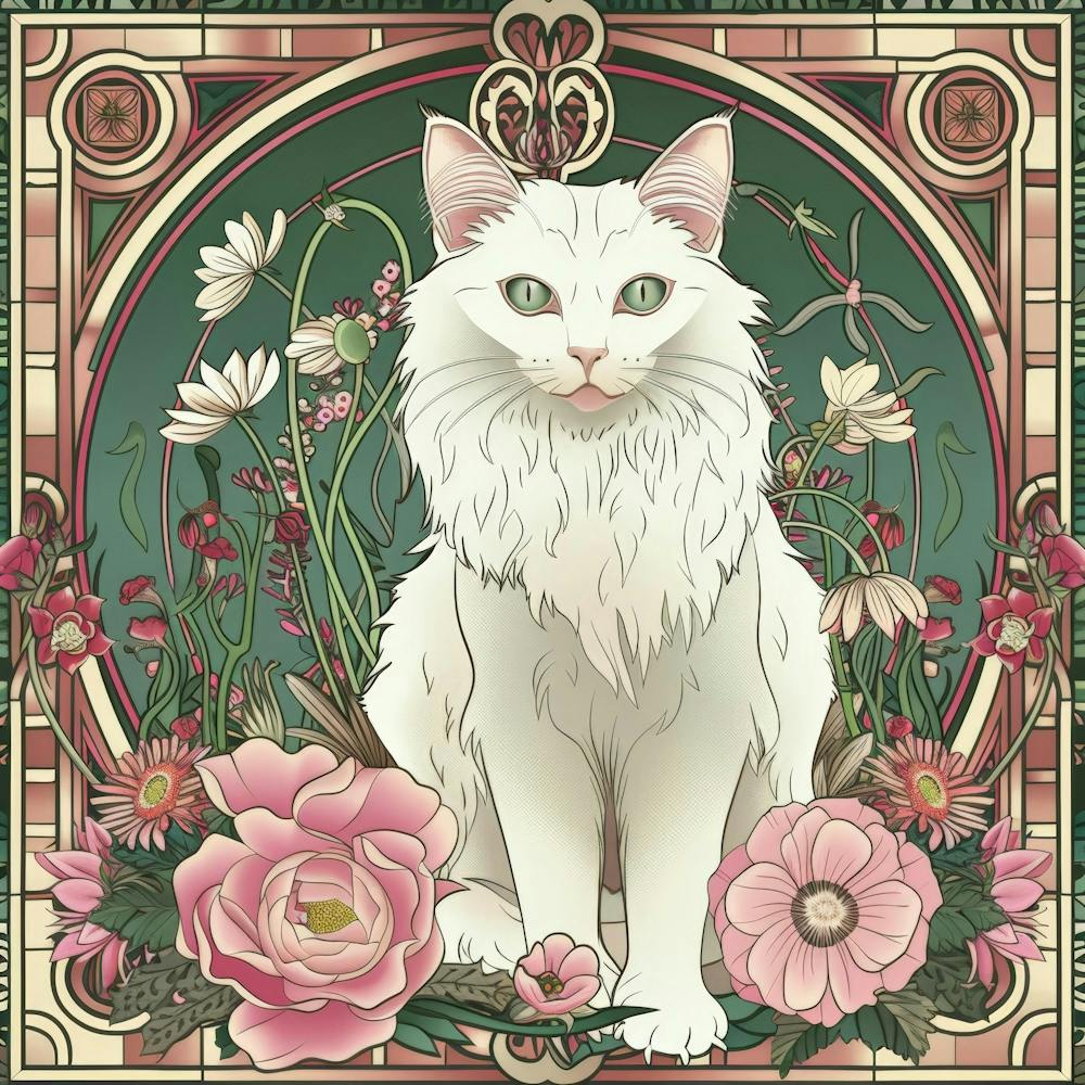 Weiße Katze mit Blumen 2