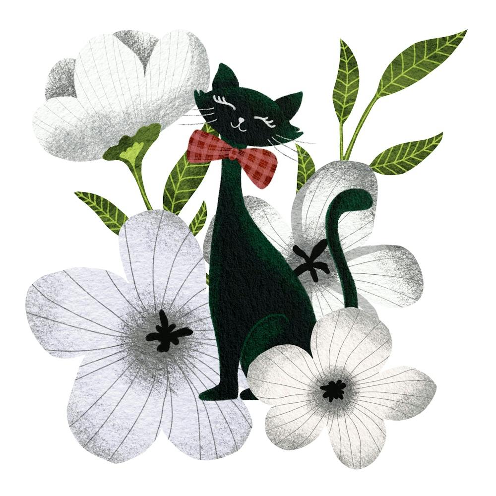 Elegant black cat with white flowers pet artwork