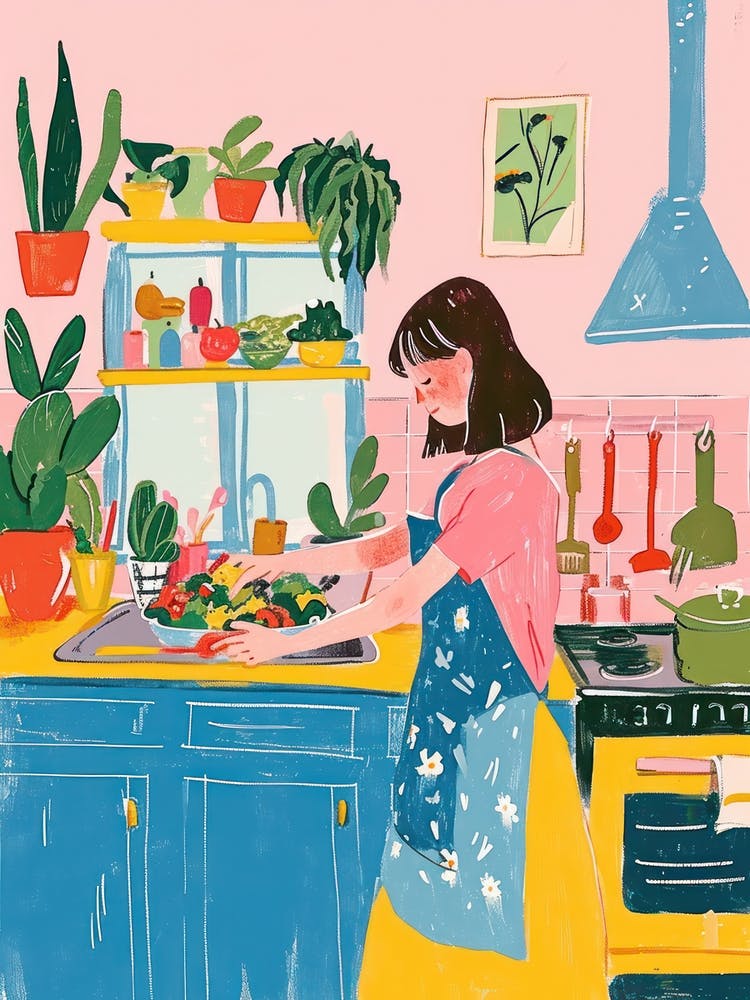 Girl Making A Salad Lo Fi Kawaii Illustration 3