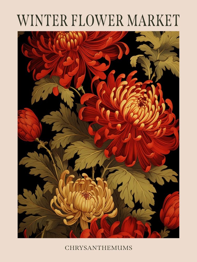 Chrysanthemums 12 Winter Flower Market Poster