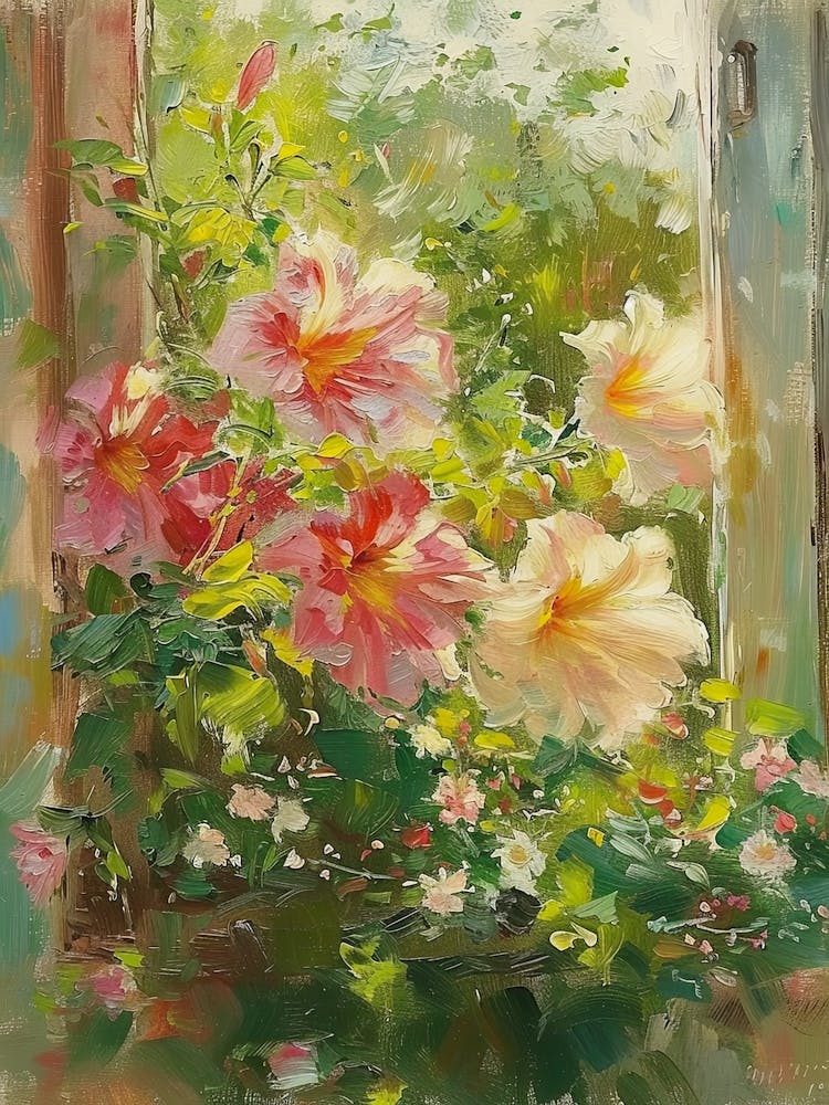 Hibiskusblüten an einem Häuschenfenster 4