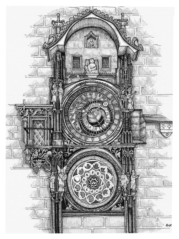 The Astronomical Clock Tower in Prague in Ink