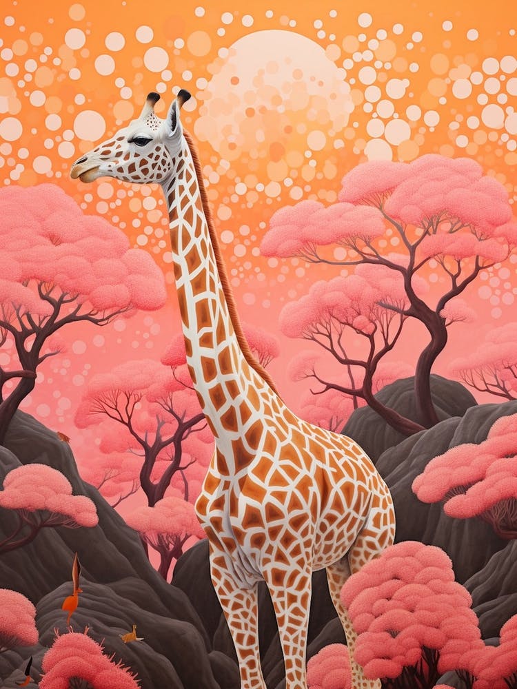 Giraffe In The Nature With Trees Pink 6