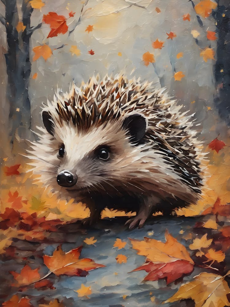 Cottagecore Hedgehog in Autumn - Acrylic Paint Fall Hedgehog with Falling Leaves at Night, Perfect for Witchcore Cottage Core Pagan Tarot Celestial Zodiac Gallery Feature Wall Beautiful Woodland Creatures Series HD 1