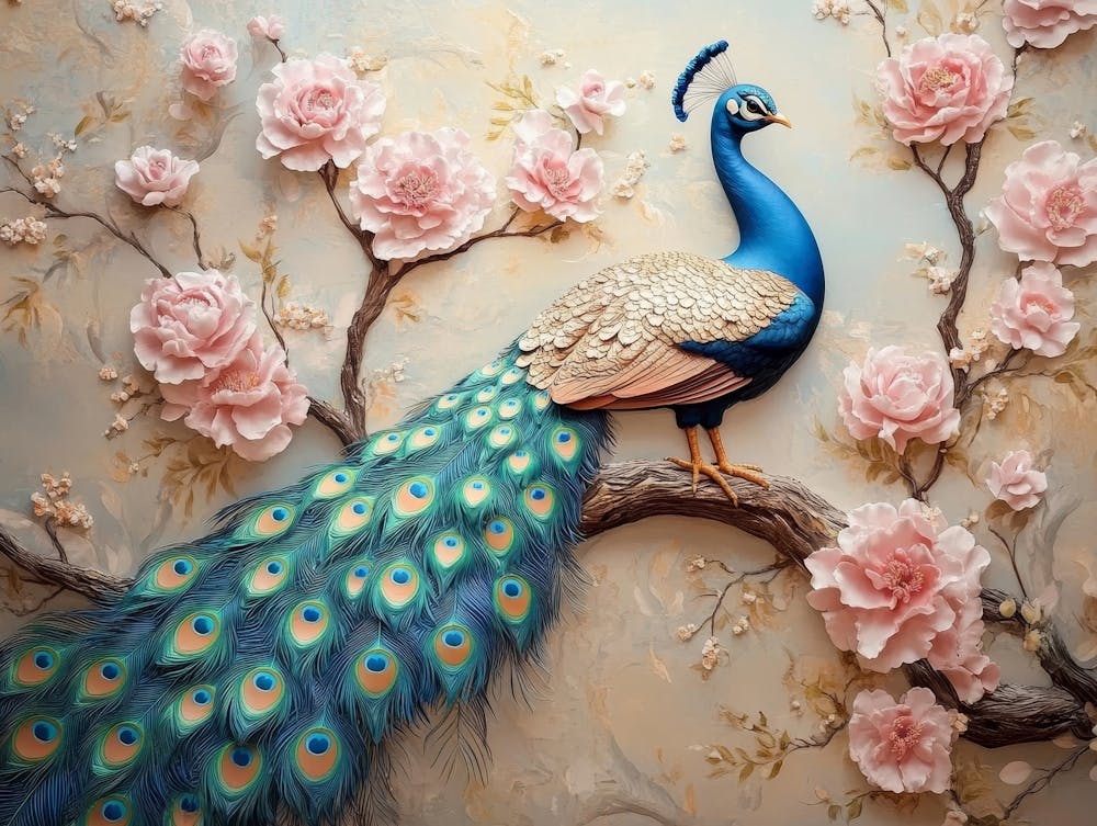 Colorful Peacock On Branch With 3d Floral