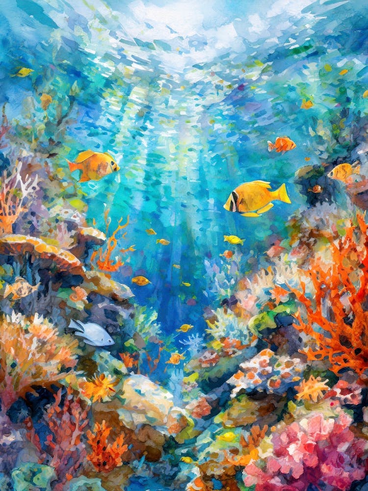 Underwater View Of A Coral Reef With Diverse Marine Life