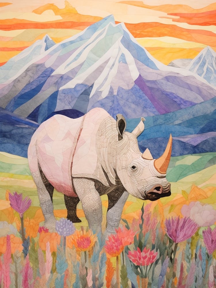 Patchwork Floral Rhino With Mountain In The Background 6