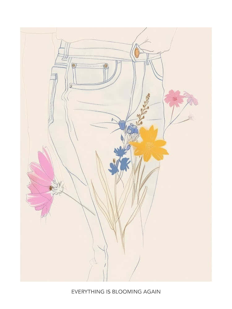 Everything Is Blooming Again Poster Flowers And Blue Jeans Line Art 6