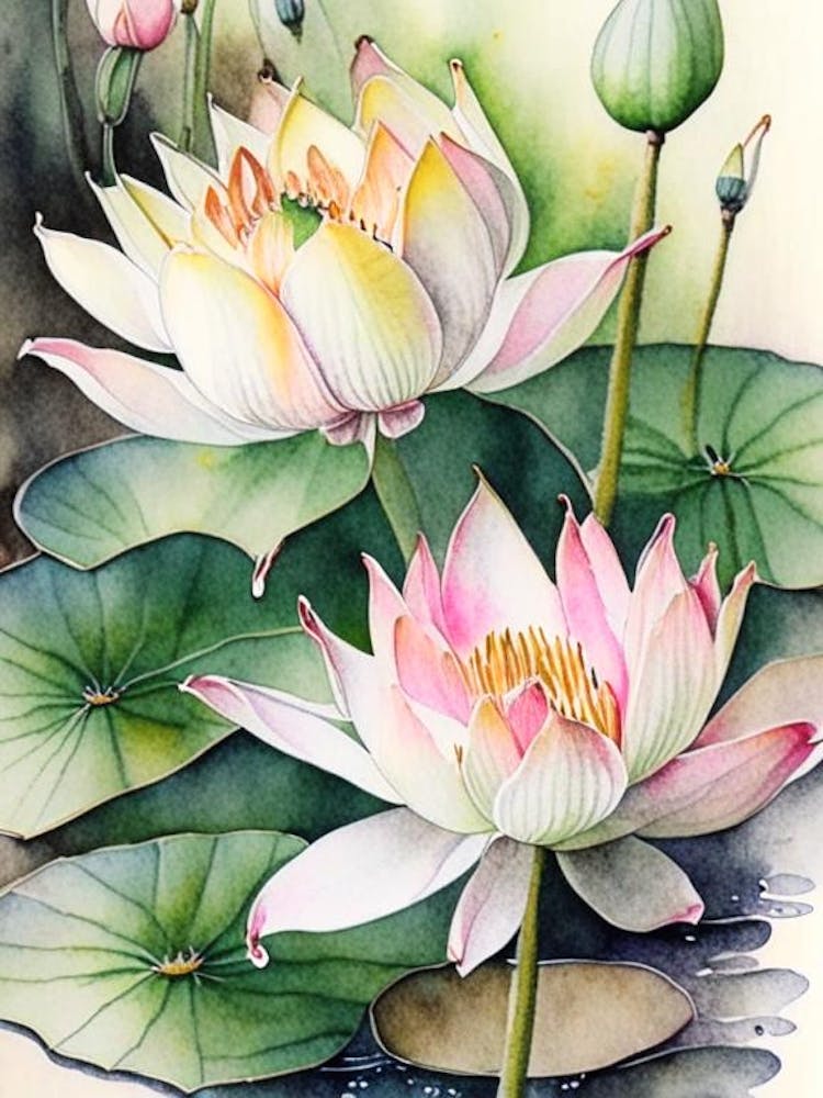 Lotus Flowers In Park Watercolour Ink Pencil 5