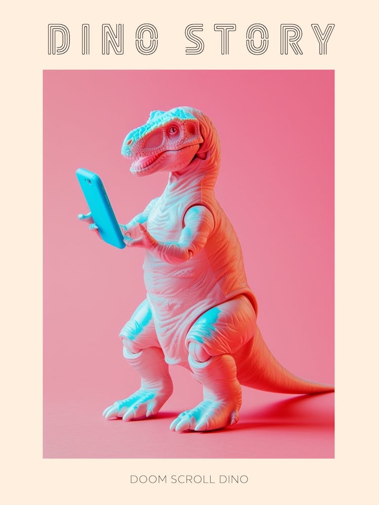Pastell Spielzeugdinosaurier Auf Einem Smartphone 3 Poster