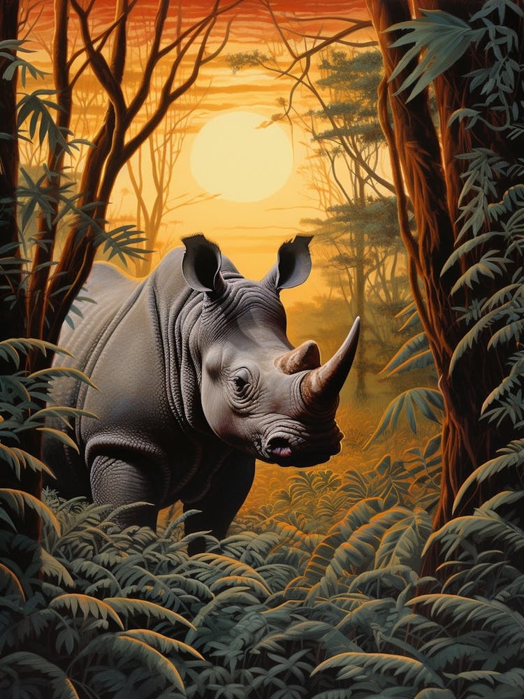 A Realistic Illustration Of A Rhino In The Sunset 1