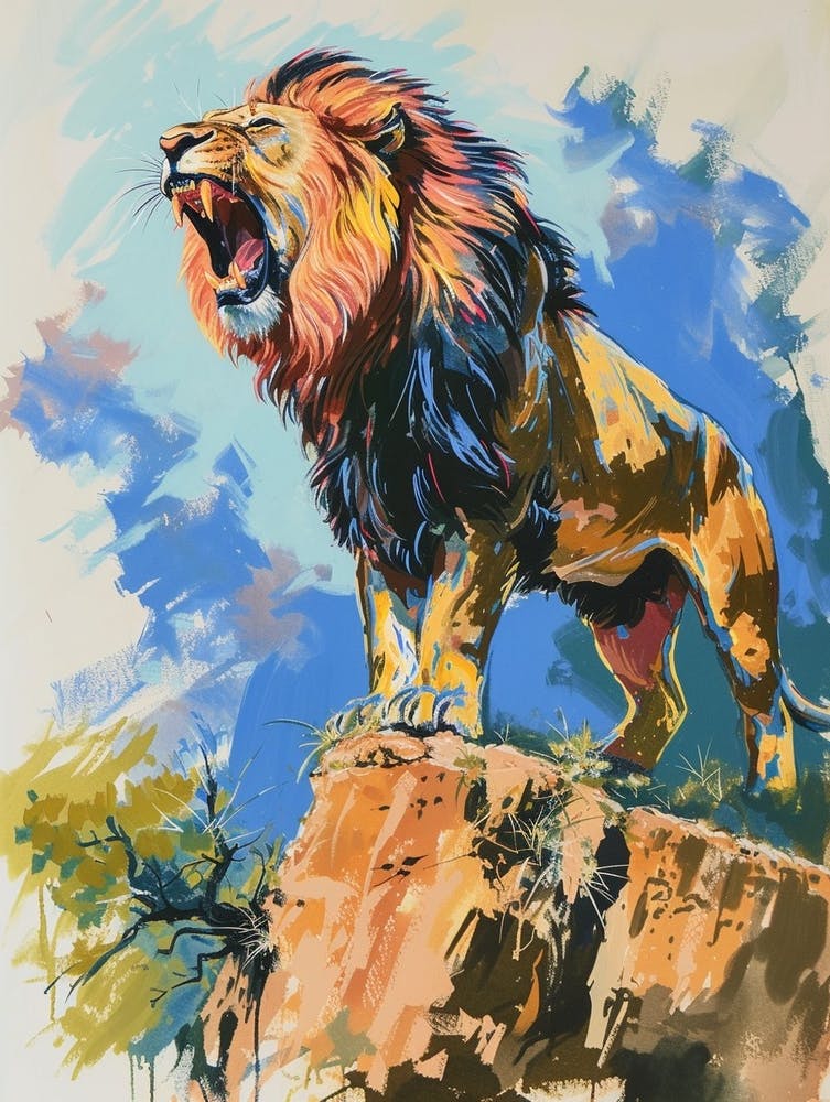 Southwest African Lion Roaring On A Cliff Fauvist Painting 1