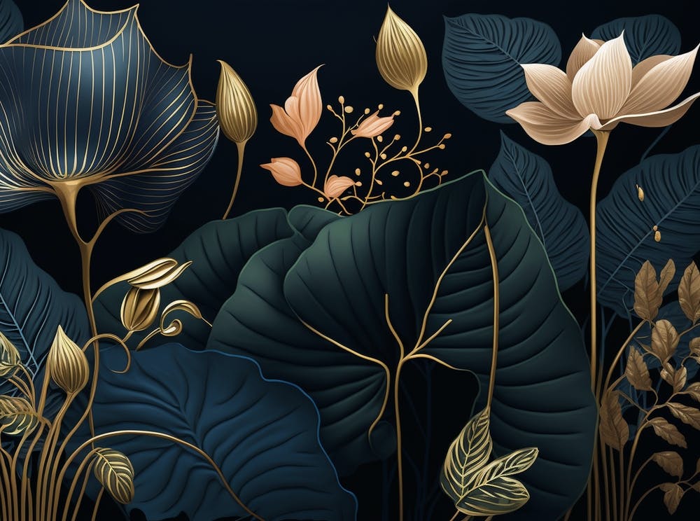 Elegant Deep Blue and Gold Botanical
