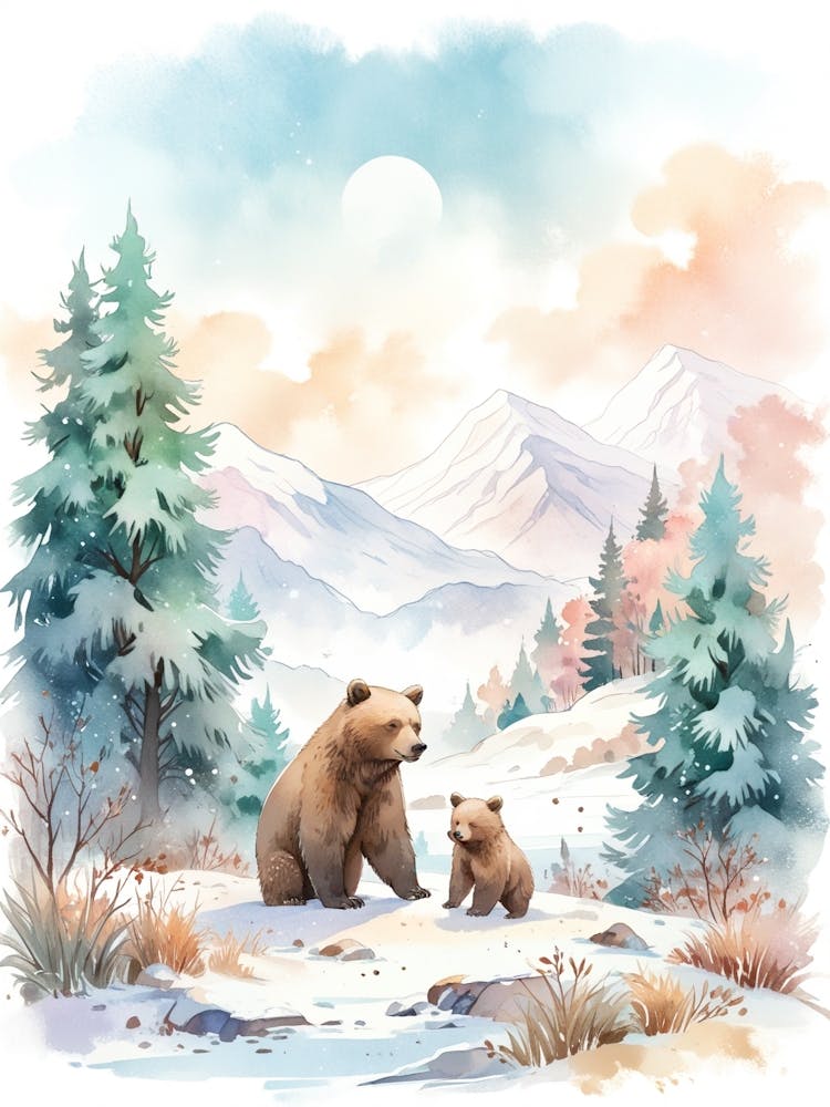 Watercolor Bears In The Mountains