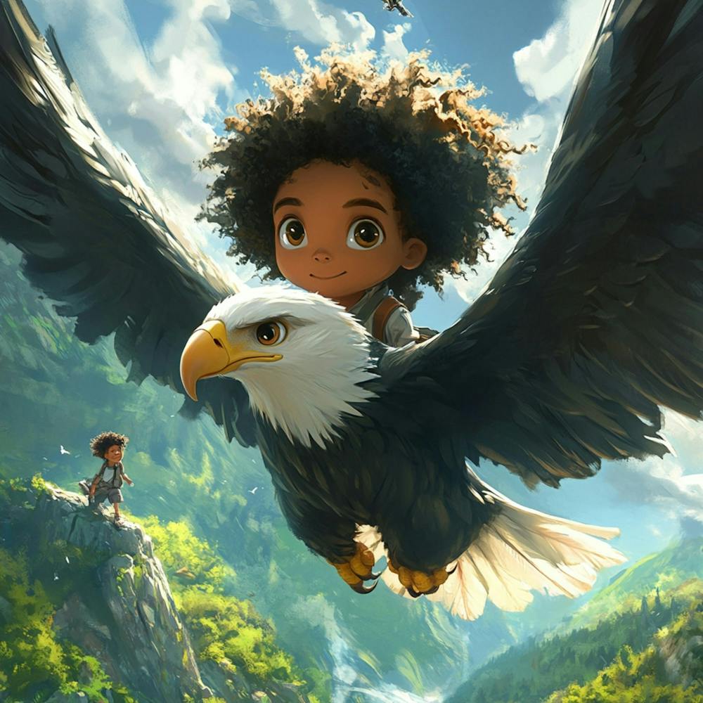 An Anime Inspired Children S Character Named Ethan The Bald Eagle, Who Travels To Protect Animals , His Sidekick Is A Little Black Boy With Curly Mohawk Hair, Savanah Flying Over The
