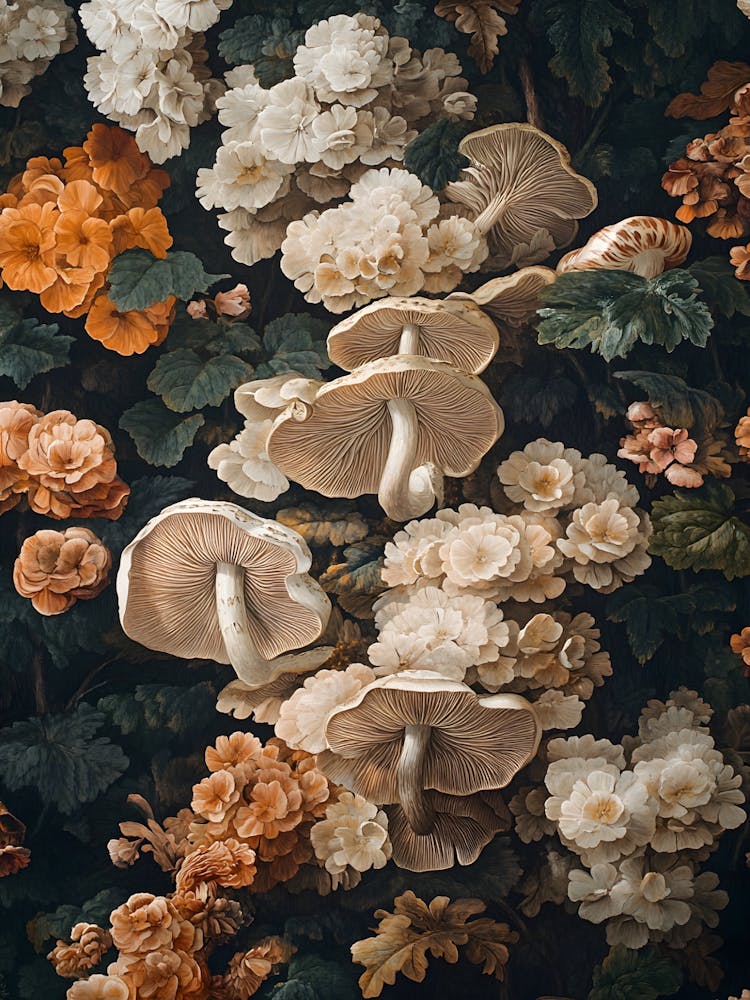 Mushrooms And Flowers